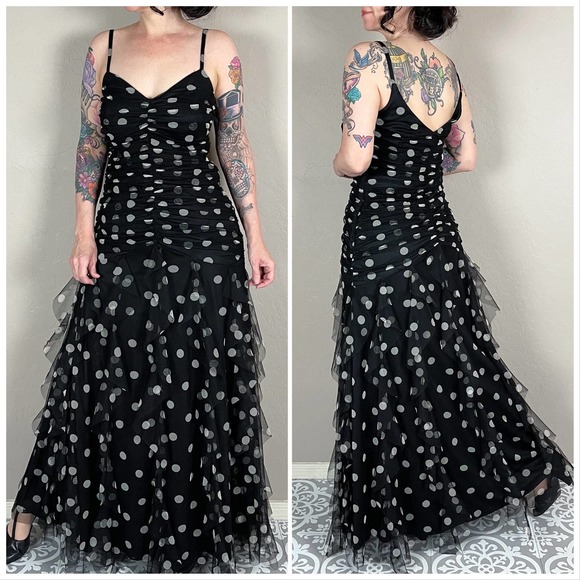 Vintage 1980s Black and White Polka Dot Tulle Ruffled Mermaid Maxi Dress - Picture 5 of 9